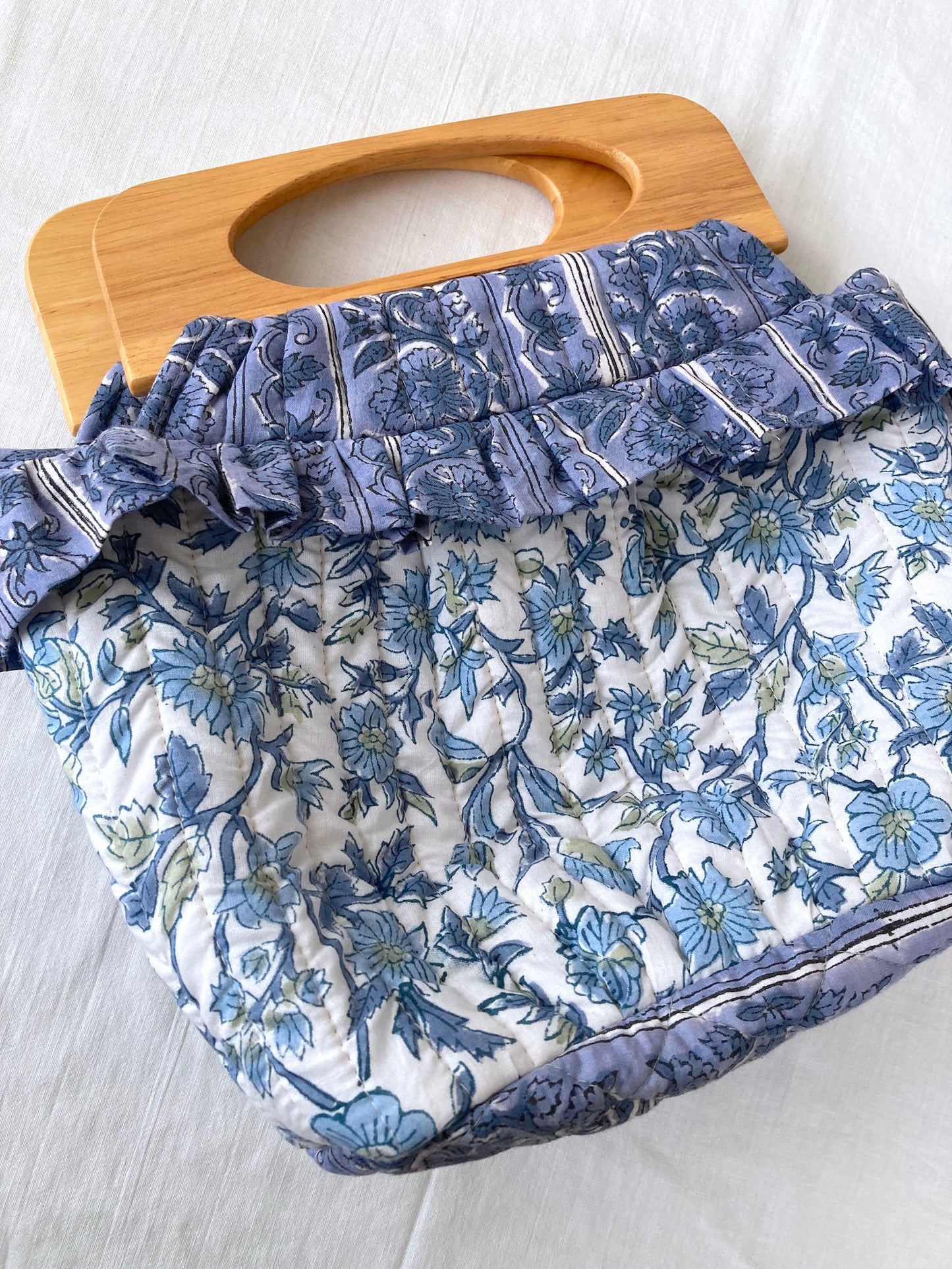 木製 ハンドル ブロックプリント フリル キルティング ハンドバッグ