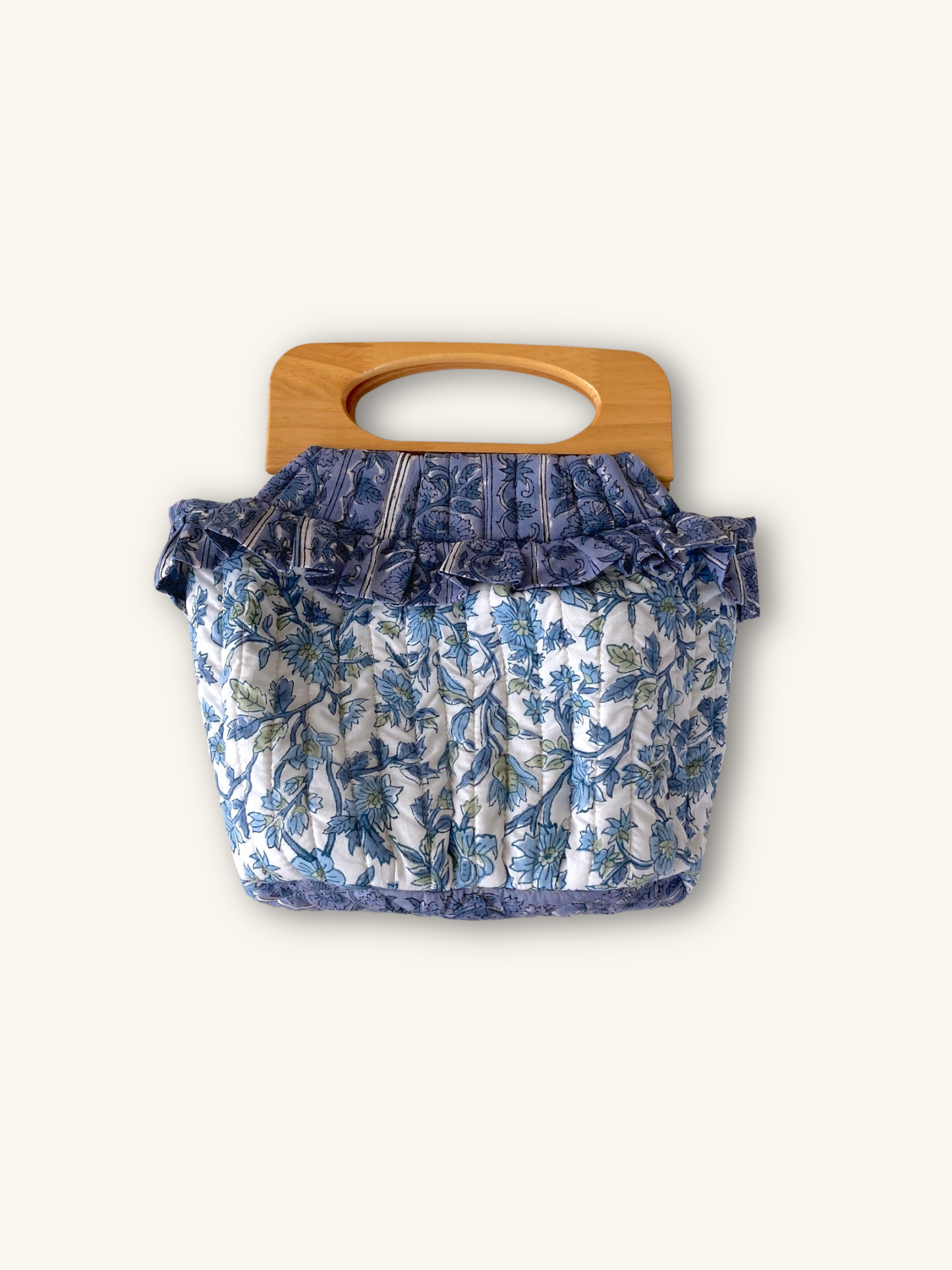 木製 ハンドル ブロックプリント フリル キルティング ハンドバッグ