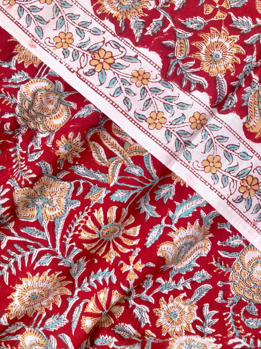 【pre-cut  45cm】インド ハンドブロックプリント レッド装飾耳あり 花柄 コットン生地  #166-12