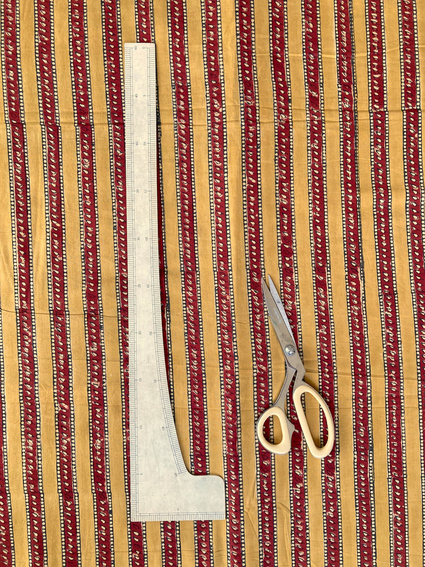 Hand Block Print Mustard x Red Striped Cotton Fabric #197-27