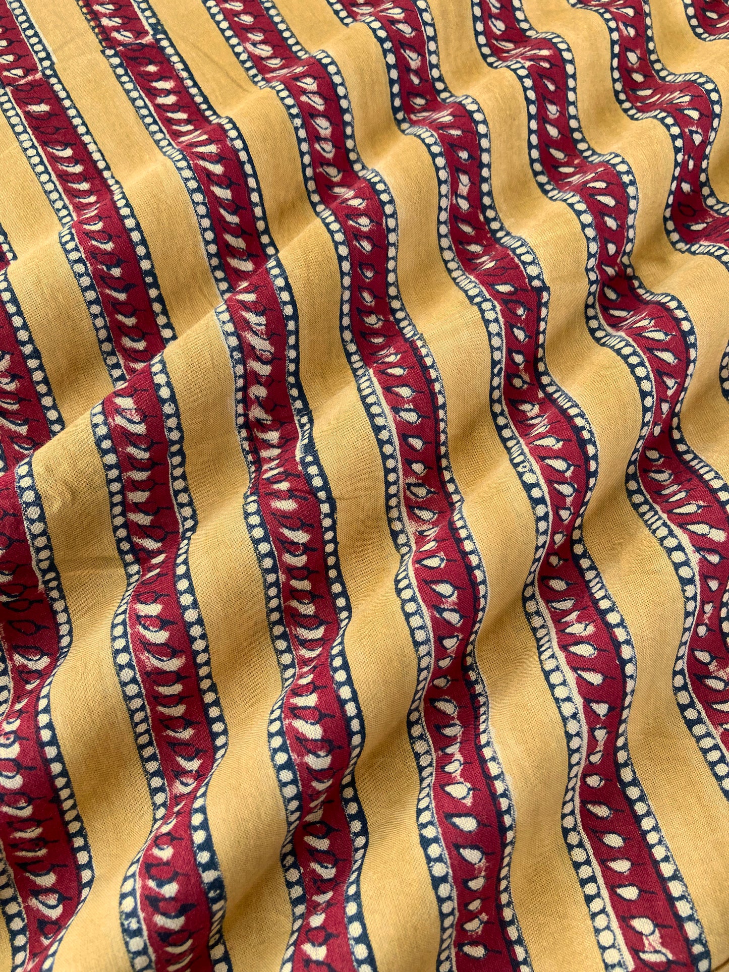 Hand Block Print Mustard x Red Striped Cotton Fabric #197-27