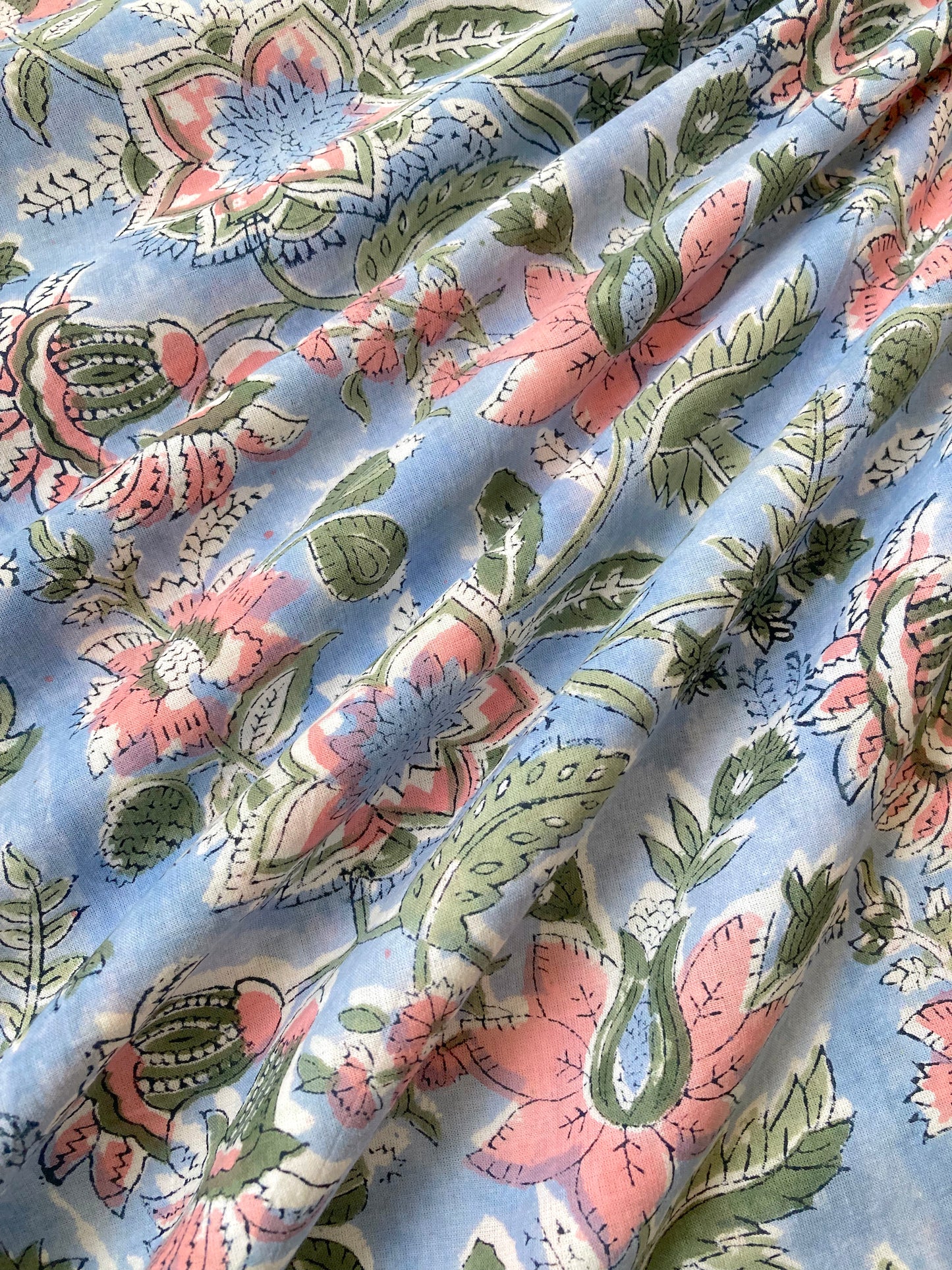 Hand Block Printed Cotton Fabric Light Blue #207-12