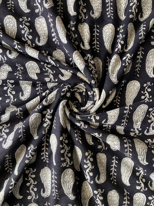 【 pre-cut 80cm】ハンドブロックプリント バグルー ブラック ペイズリー コットン生地  #230-10