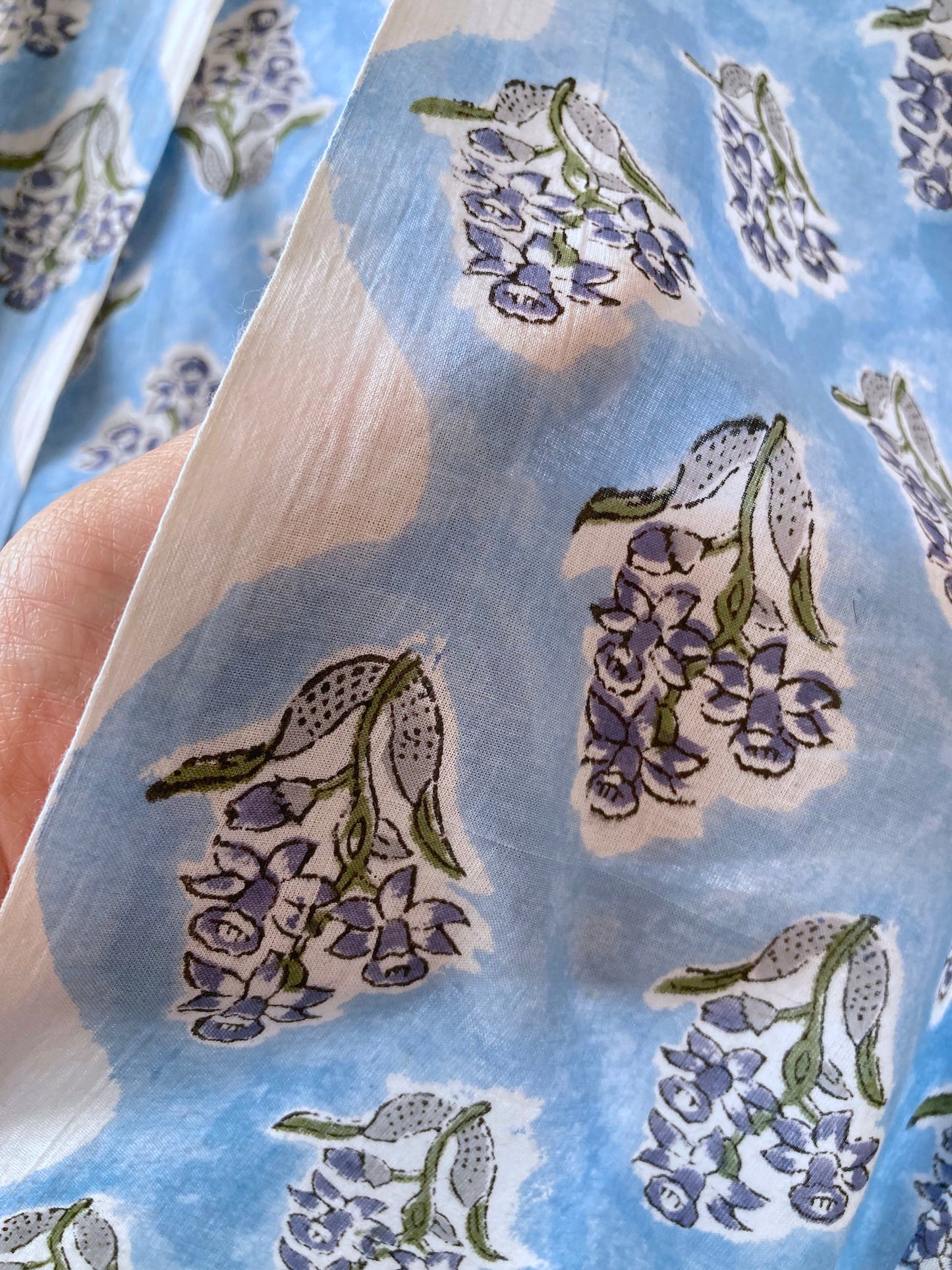 Hand Block Printed Water Blue Floral Cotton Fabric  #230-33