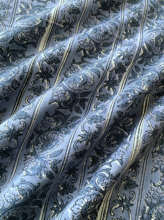 【 pre-cut 40cm】ハンドブロックプリント ブルーグレー 花柄 コットンプリント生地  #230-35