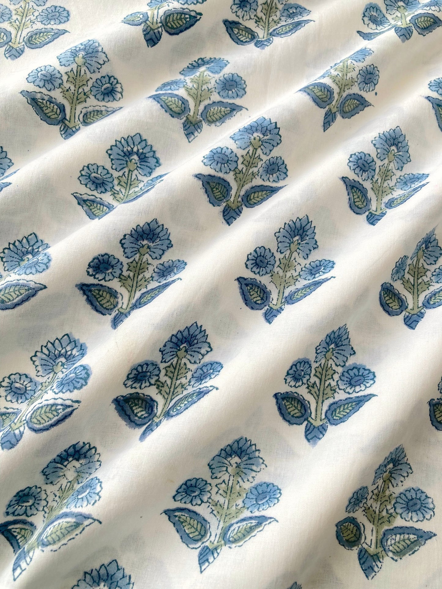 Hand Block Printed White Floral Cotton Fabric #230-39