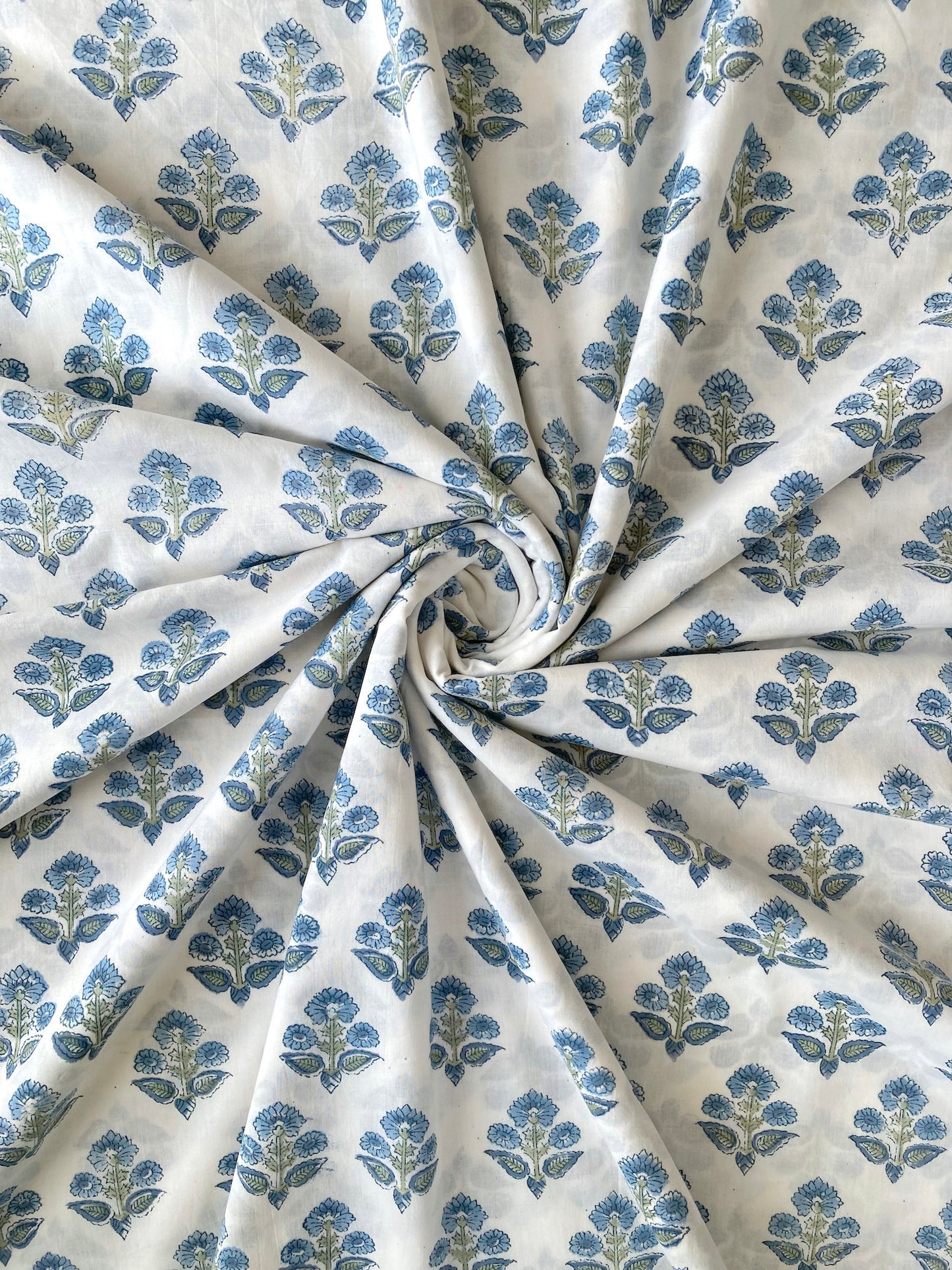 Hand Block Printed White Floral Cotton Fabric #230-39