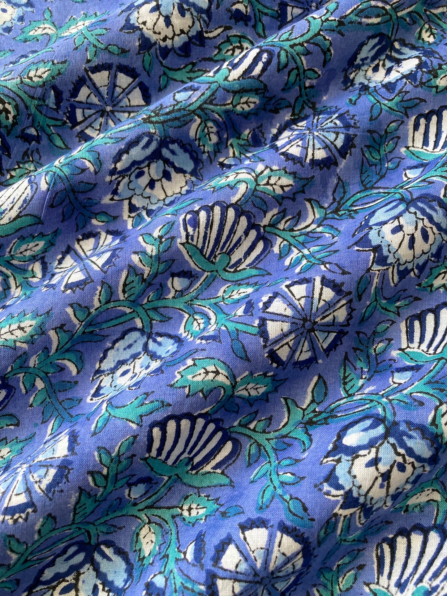 Hand Block Floral Print Blue Cotton Fabric #251-16