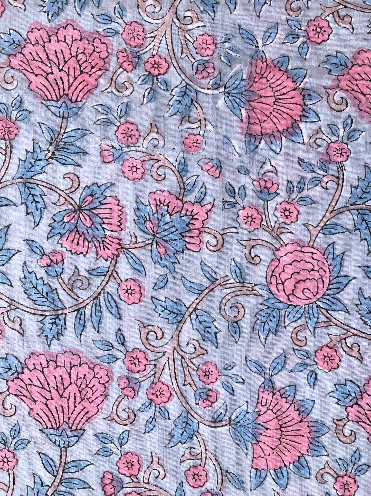 Hand Block Floral Print Light Gary Cotton Fabric #251-18