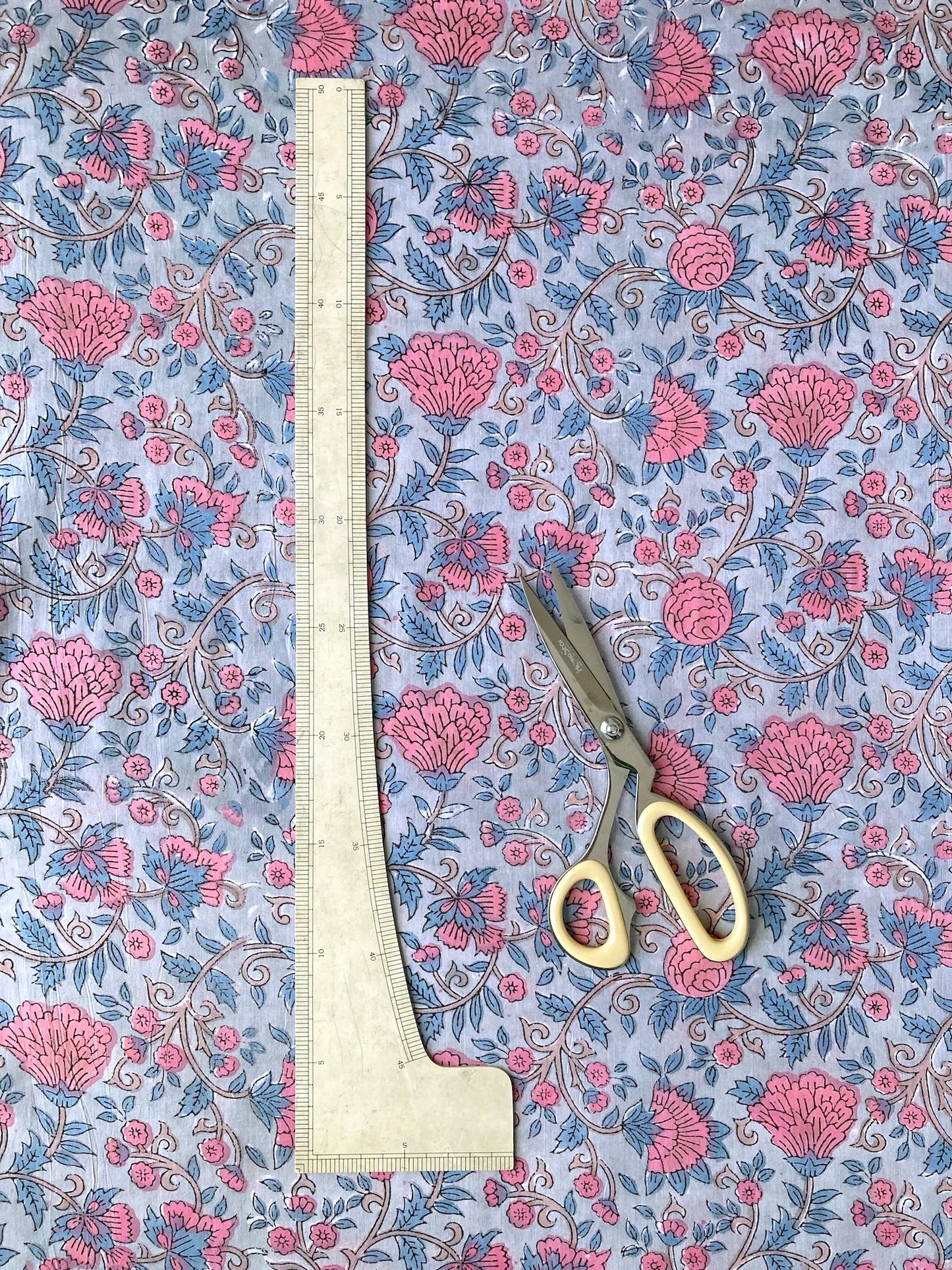 Hand Block Floral Print Light Gary Cotton Fabric #251-18