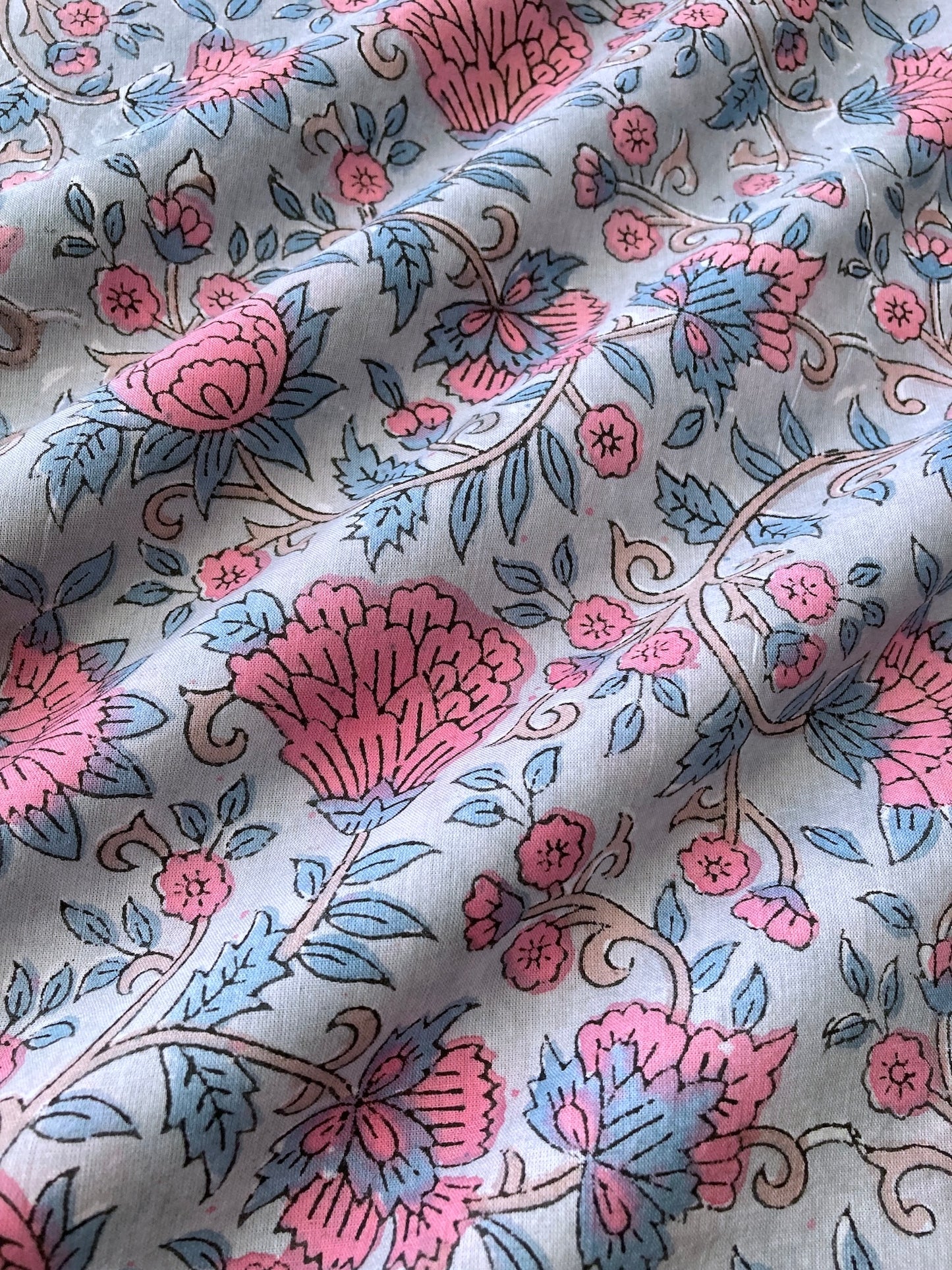 Hand Block Floral Print Light Gary Cotton Fabric #251-18