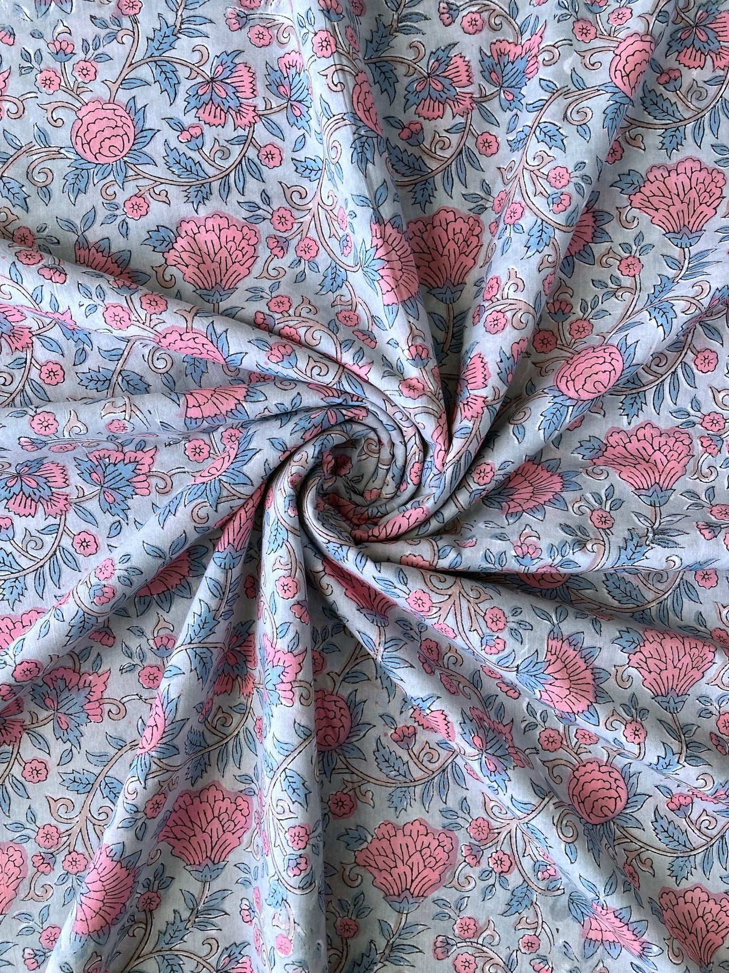 Hand Block Floral Print Light Gary Cotton Fabric #251-18