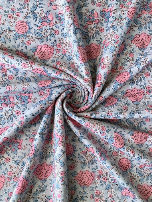 【 pre-cut 35cm】ハンドブロックプリント グレー 花柄 コットンプリント生地  #251-18