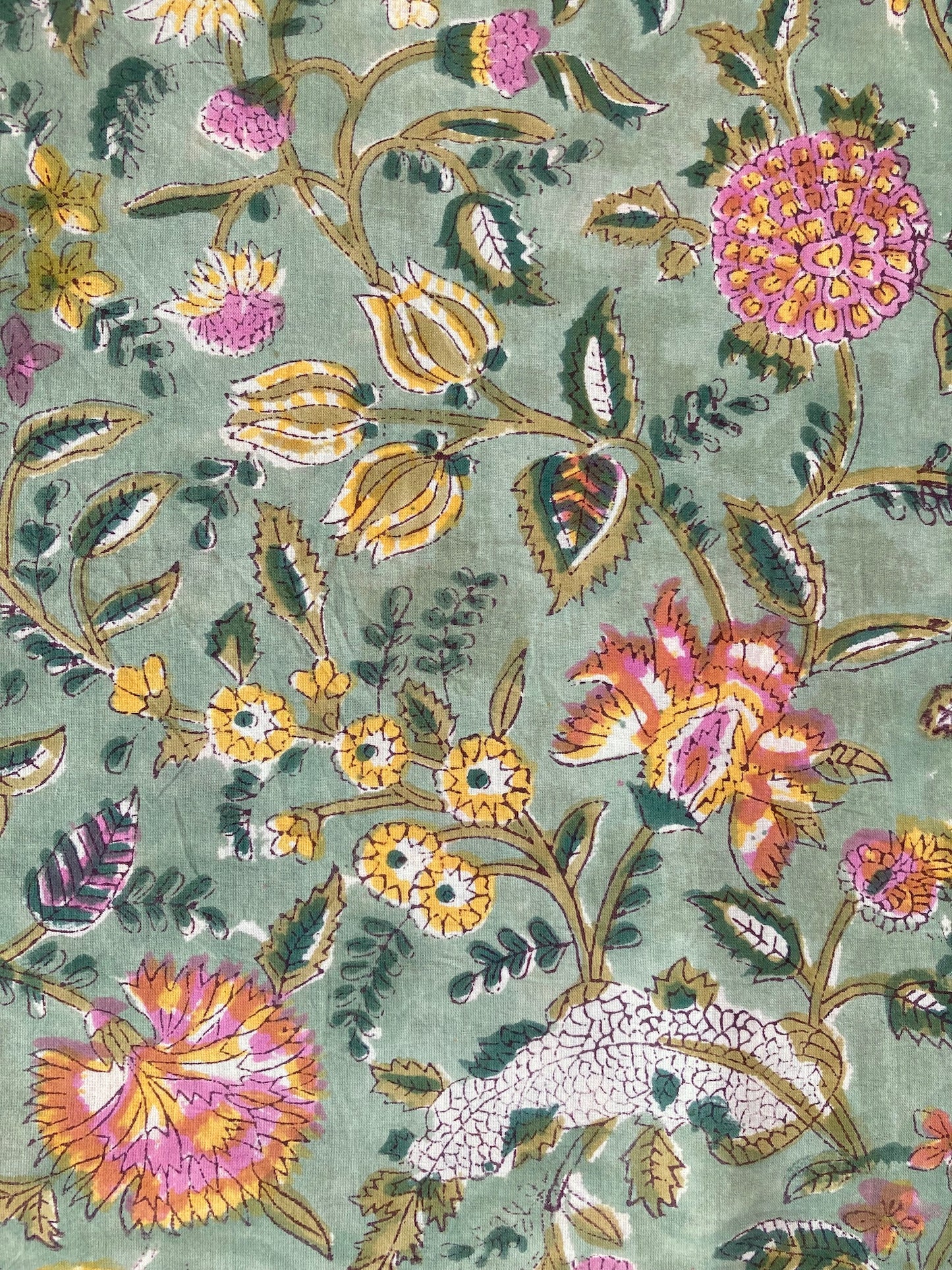 Hand Block Print Jade Green Floral Cotton Fabric #265-16