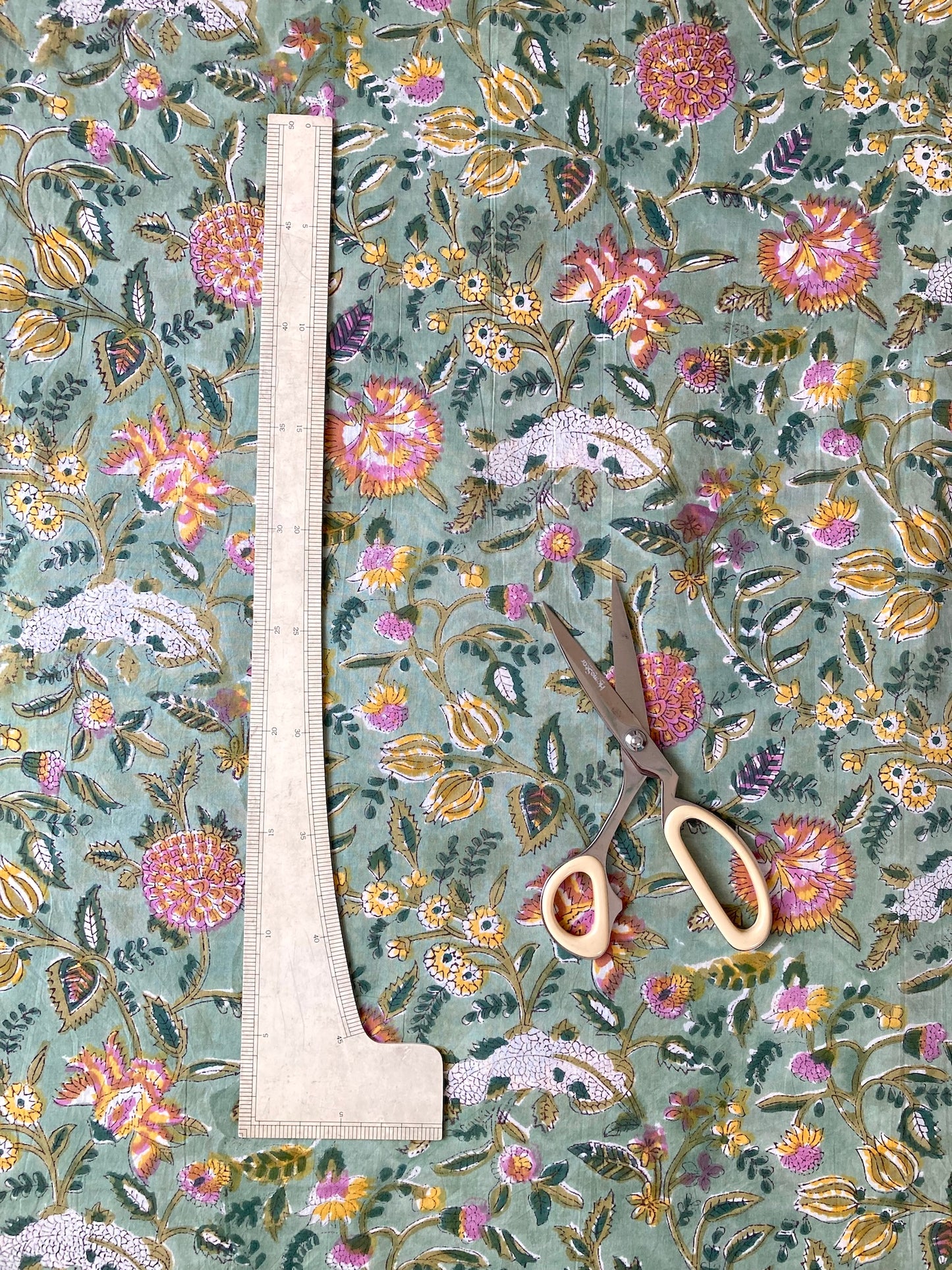 Hand Block Print Jade Green Floral Cotton Fabric #265-16