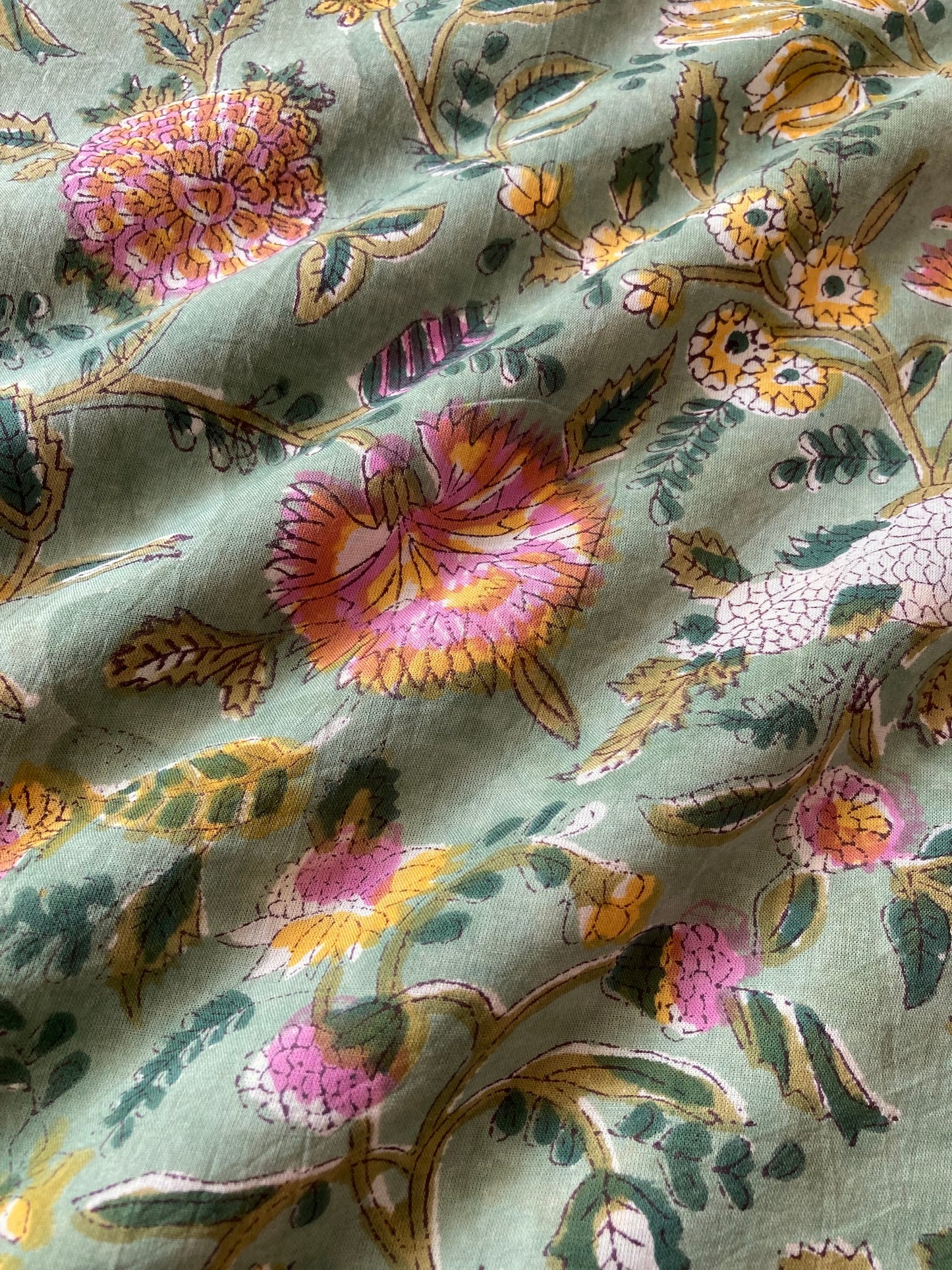 Hand Block Print Jade Green Floral Cotton Fabric #265-16