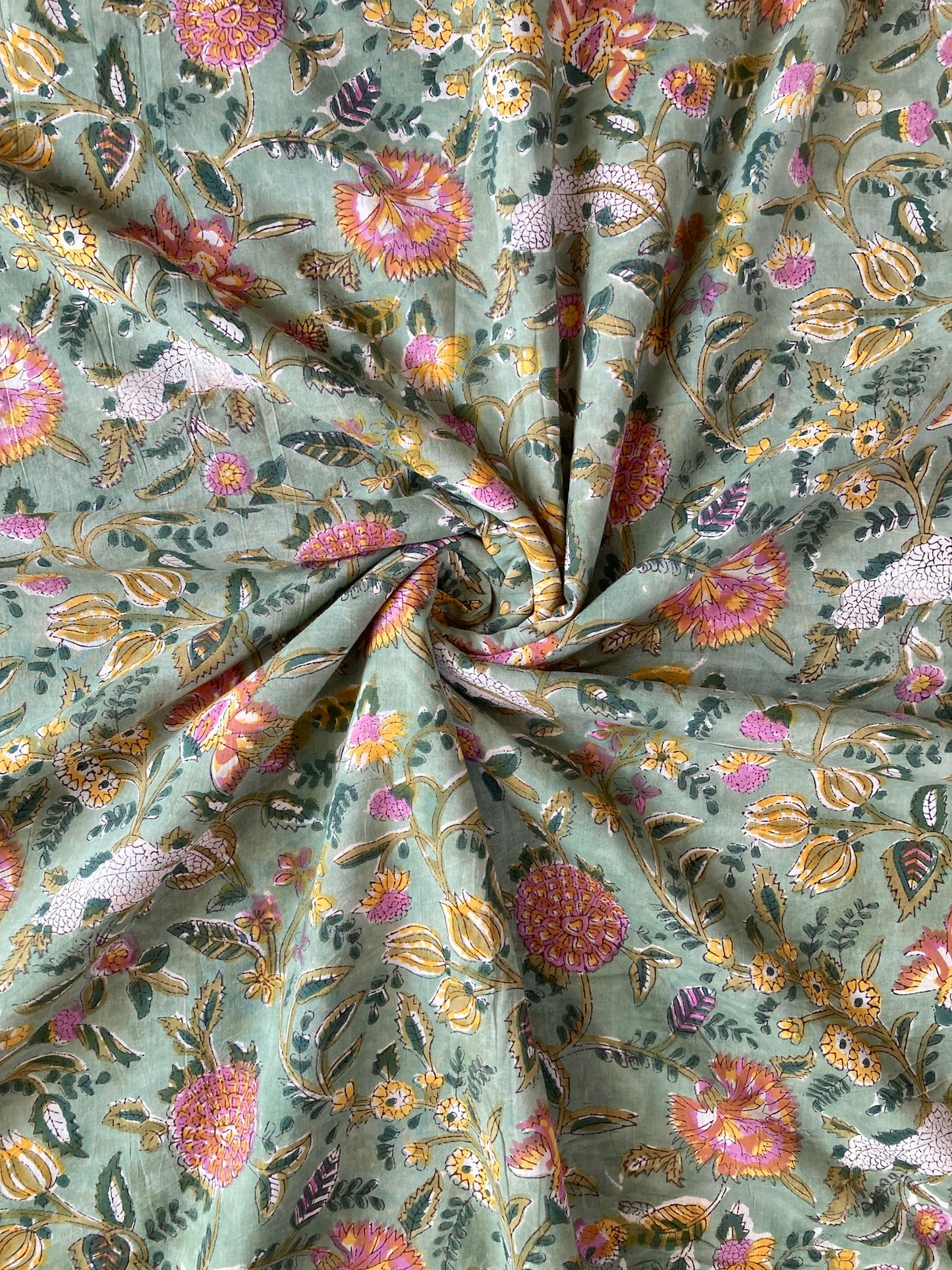 Hand Block Print Jade Green Floral Cotton Fabric #265-16
