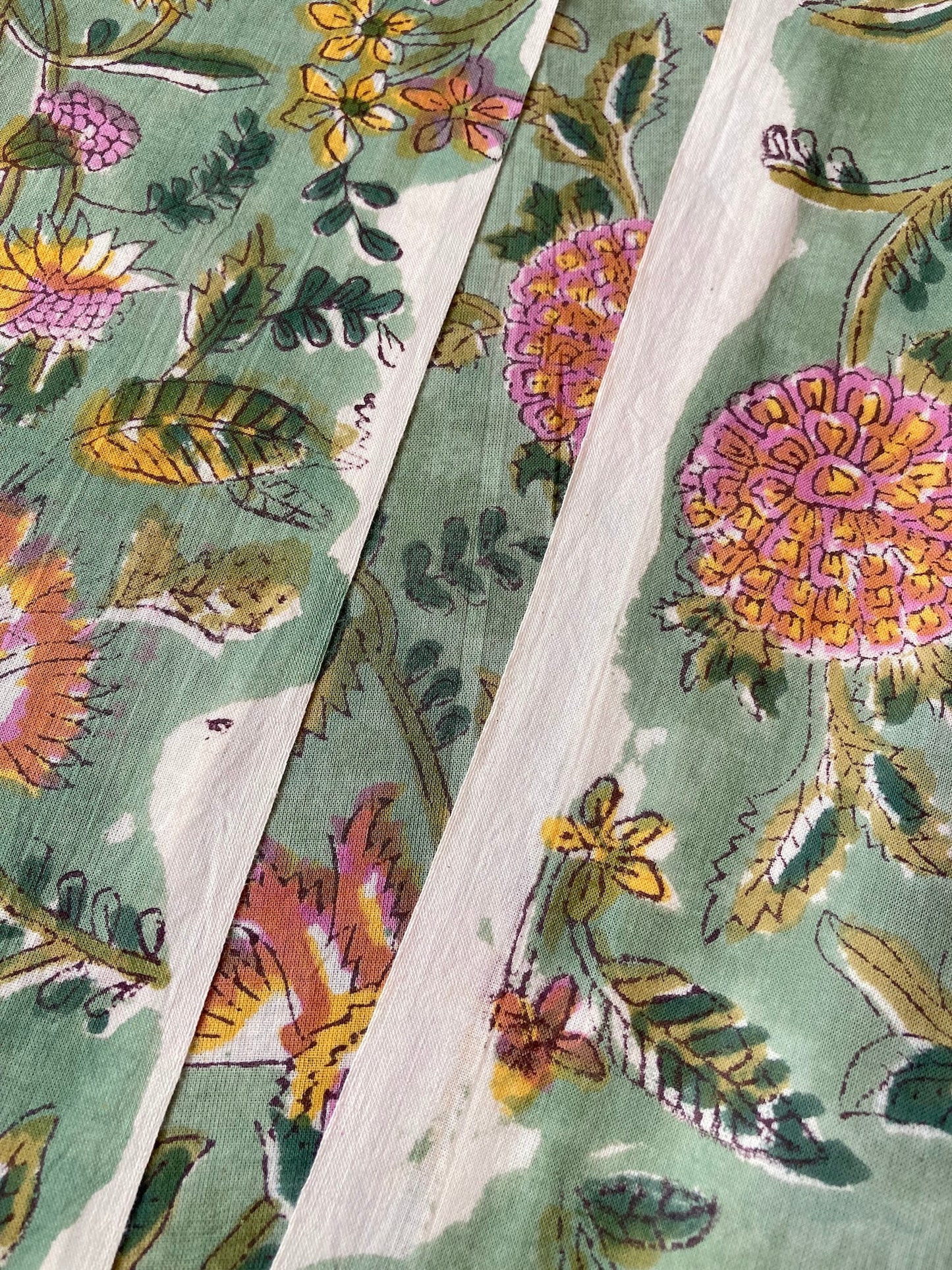 Hand Block Print Jade Green Floral Cotton Fabric #265-16