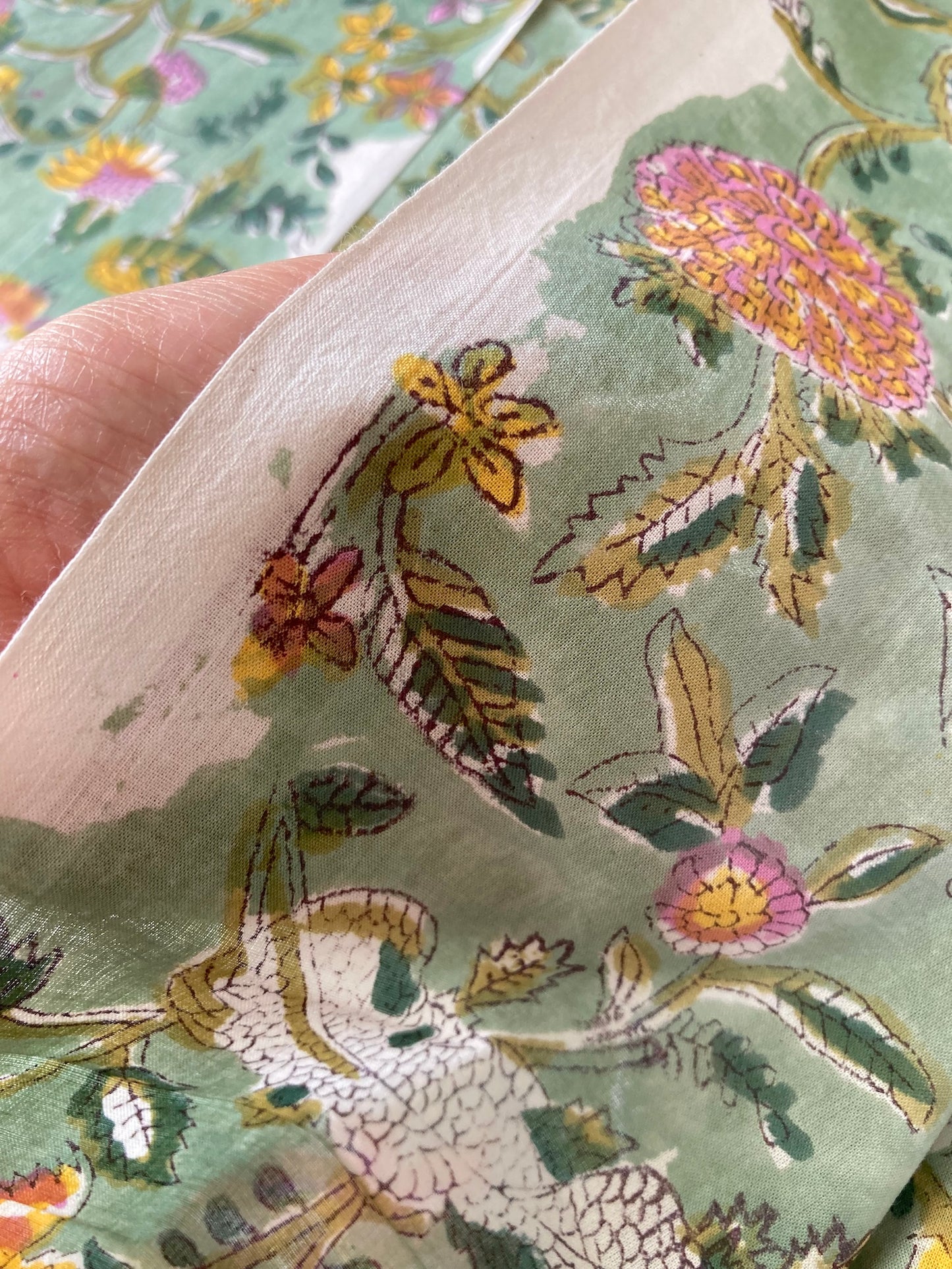 Hand Block Print Jade Green Floral Cotton Fabric #265-16