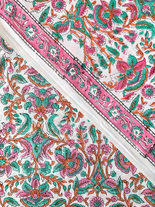 Hand Block Printed Cotton Fabric White & Pink #273-10