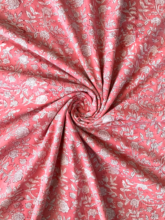 Hand Block Print Pink Color Floral Cotton Fabric  #273-11