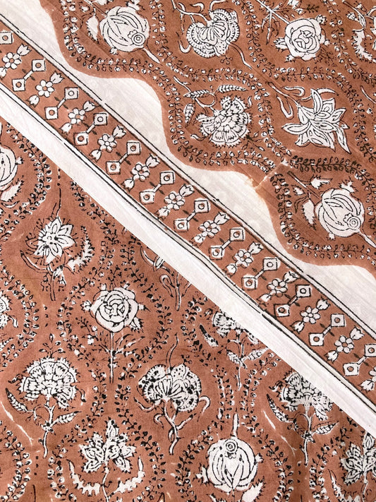 Hand Block Print Brown Floral Cotton Fabric  #273-12