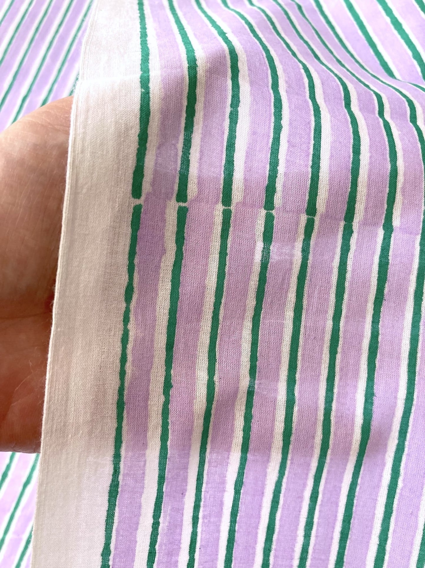 ハンドブロックプリント パープル x グリーン ストライプ コットン生地 #273-13