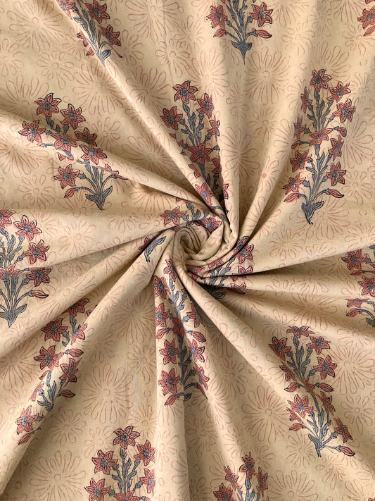 Hand Block Print Wheat Color Floral Cotton Fabric  #273-2