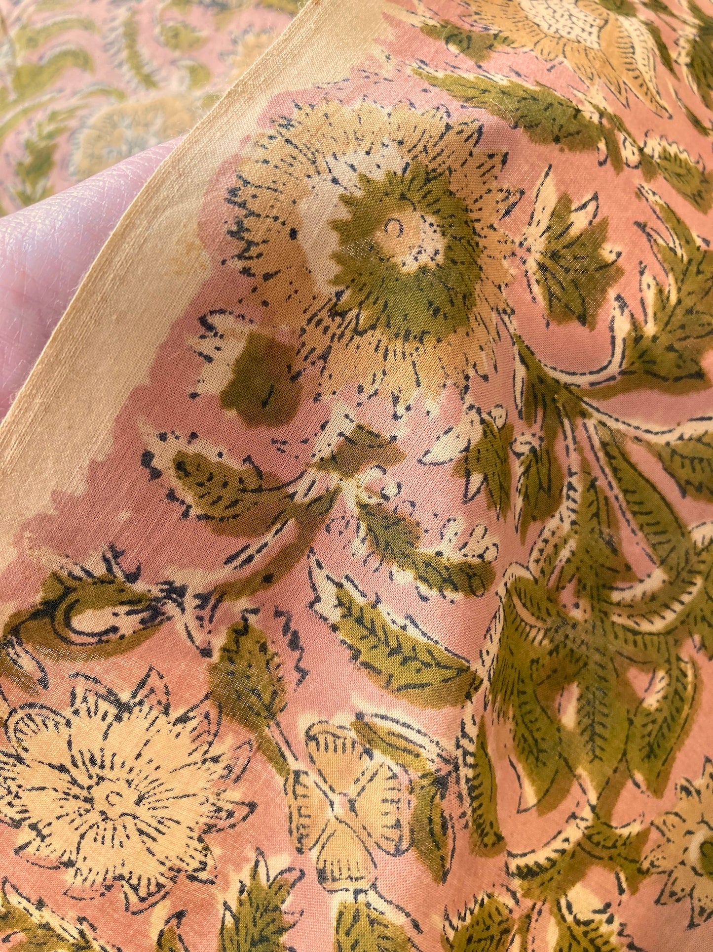 ハンドブロックプリント アンティーク ピンクお花柄 コットン生地 #273-6