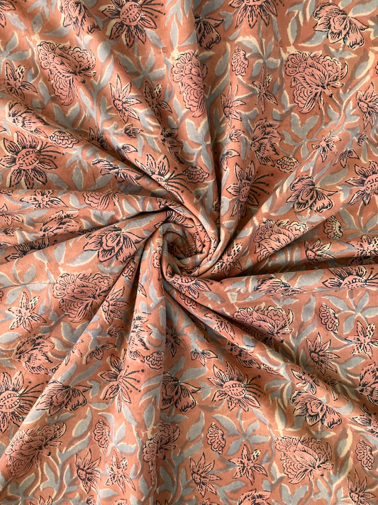 Hand Block Printed Orange Brown Cotton Fabric #273-4