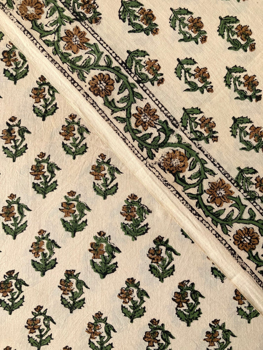 Hand Block Print Wheat Color Floral Cotton Fabric  #273-7