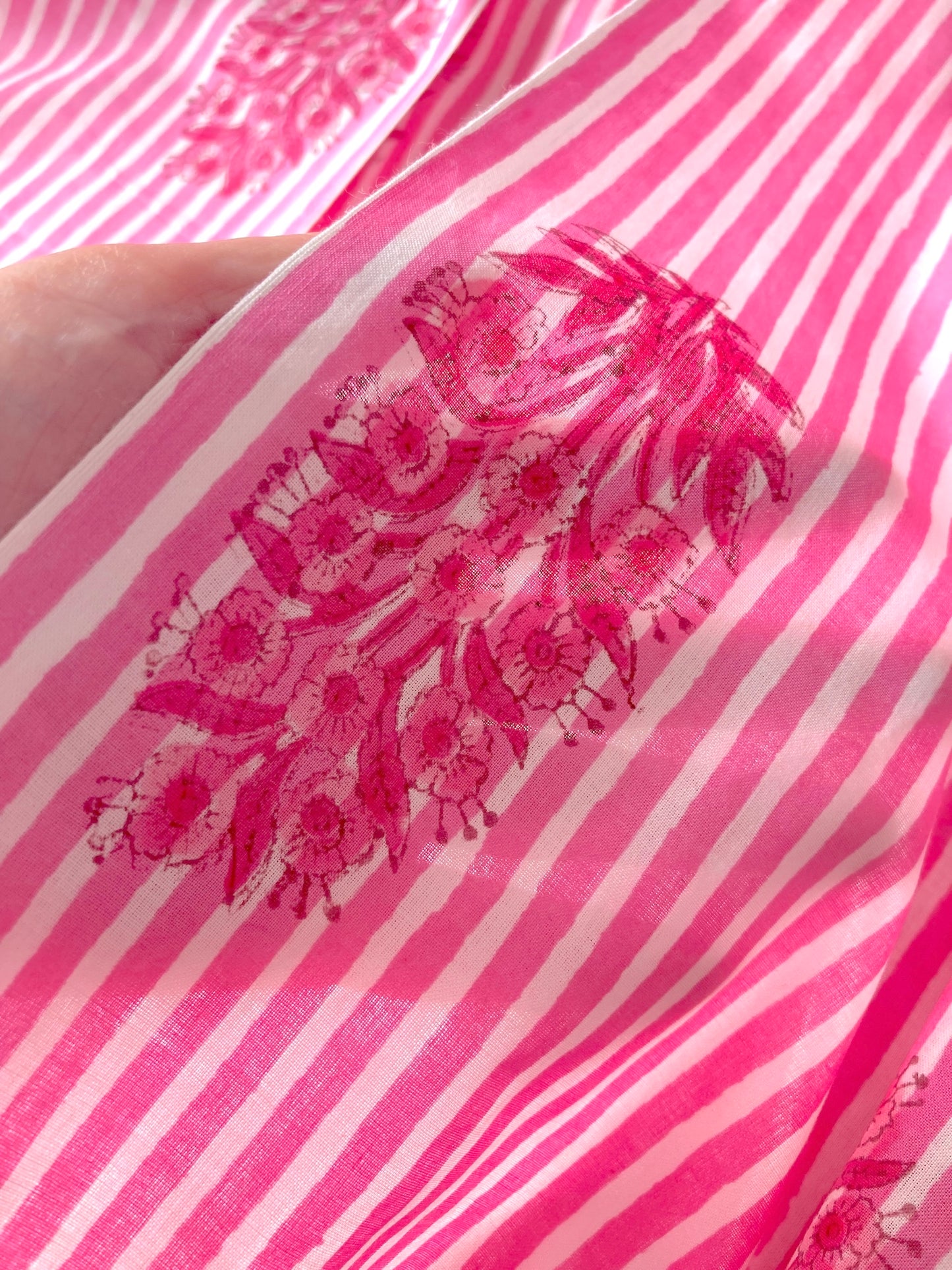 ハンドブロックプリント ピンク ストライプ 花柄 コットンプリント生地 #294-7