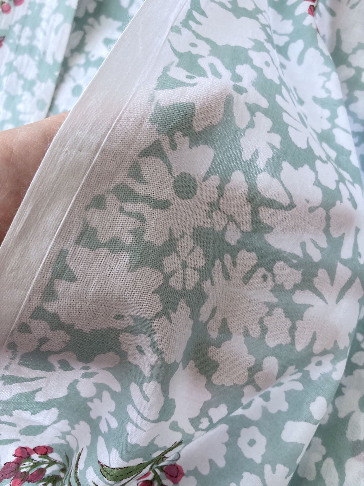 Hand Block Print Aqua Blue x Pink Flower Cotton Fabric #294-9