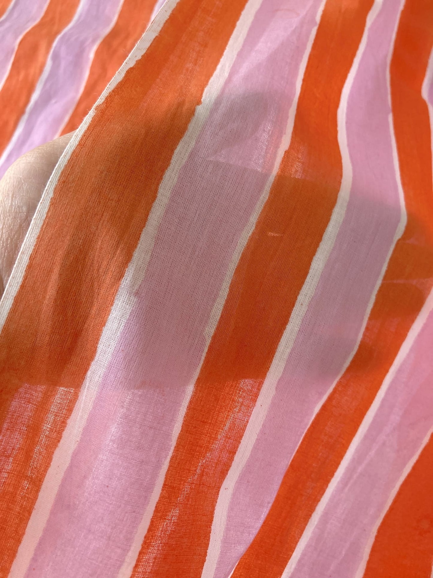 Hand Block Print Orange x Lilac Stripes Cotton Fabric #299-11