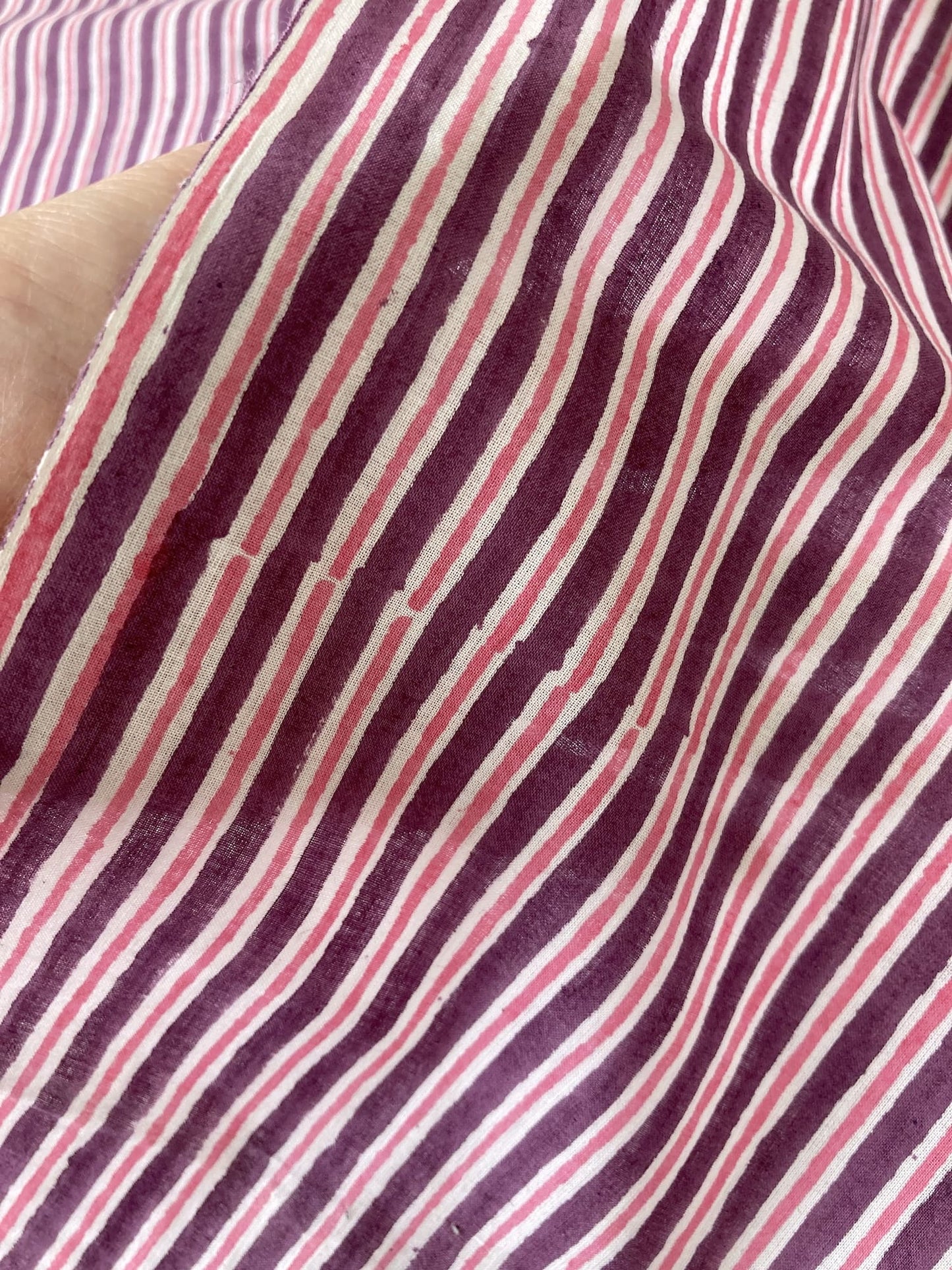 Hand Block Print Purple x Pink Stripes Cotton Fabric #299-12