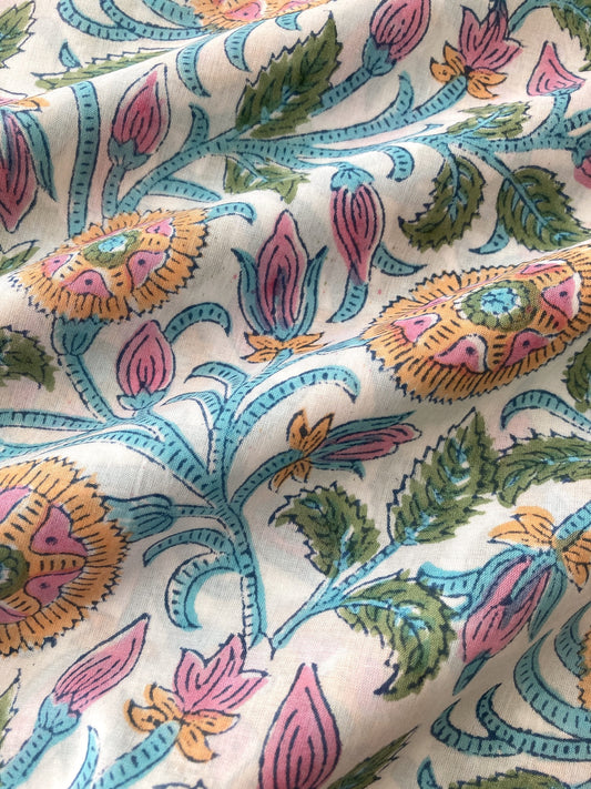 Hand Block Floral Print White Cotton Fabric #299-13