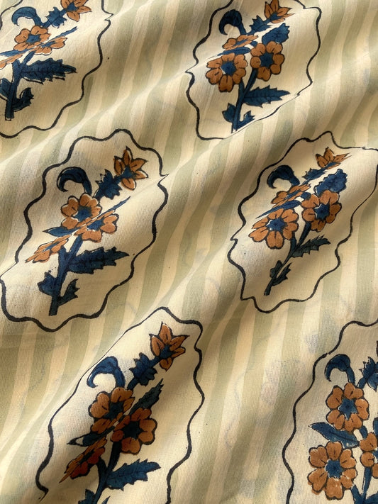 Hand Block Print Stripe x Flower Cotton Fabric #310-15