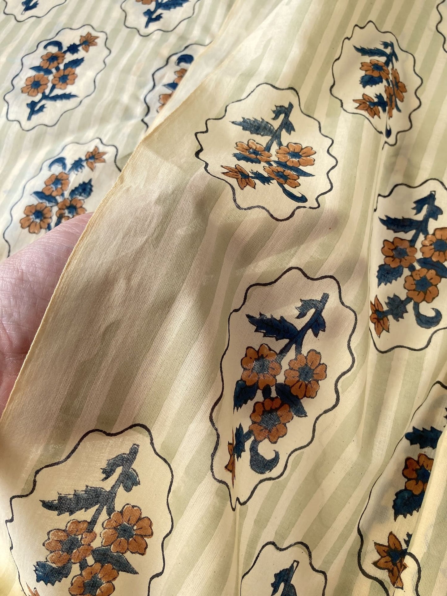 Hand Block Print Stripe x Flower Cotton Fabric #310-15