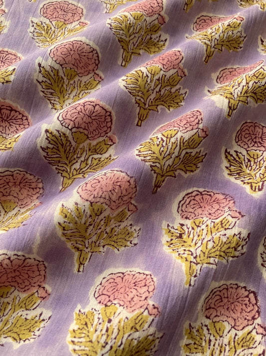 Hand Block Print Purple Floral Cotton Fabric #317-4