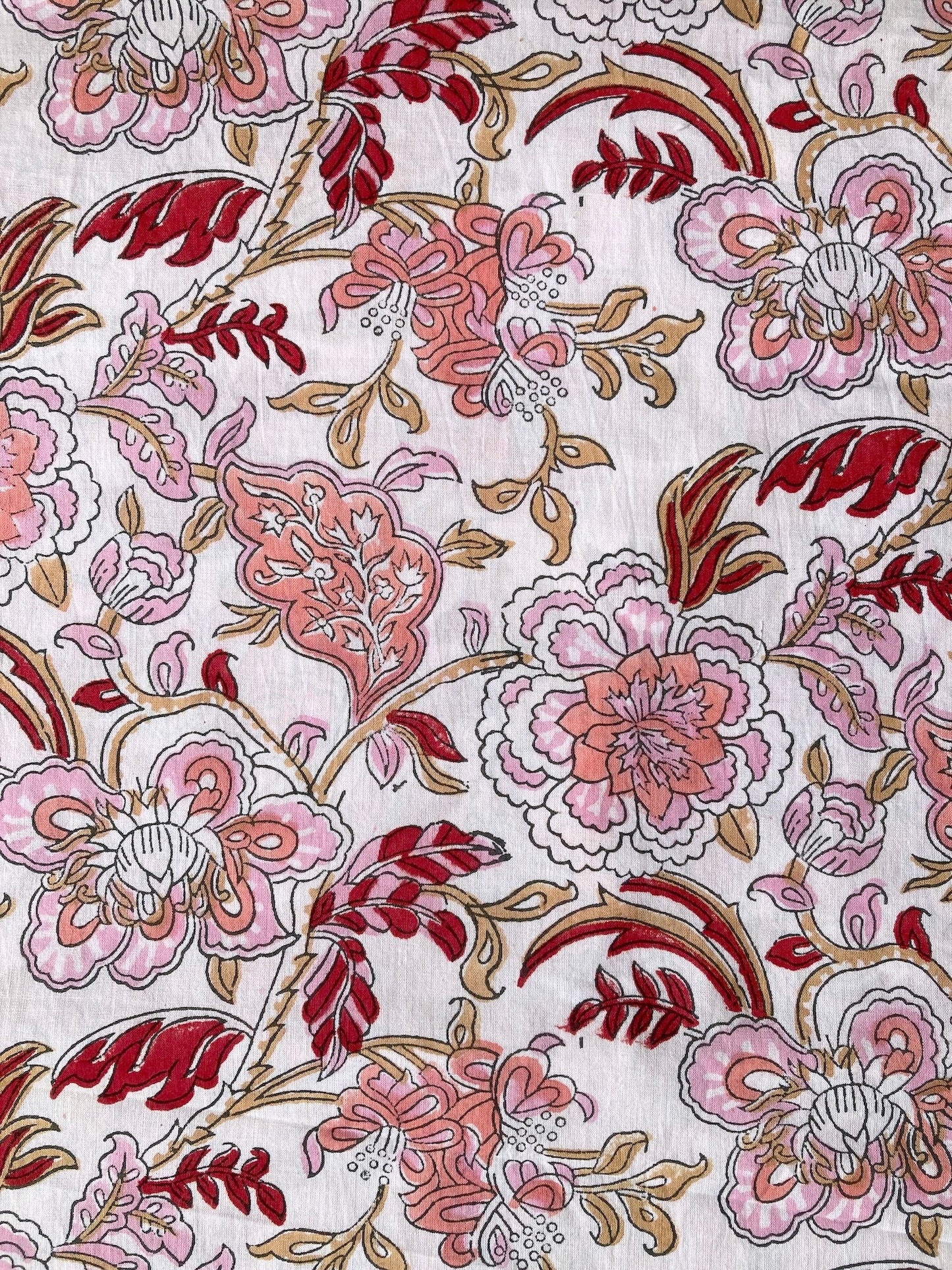Hand Block Print Floral White Cotton Fabric #235-8