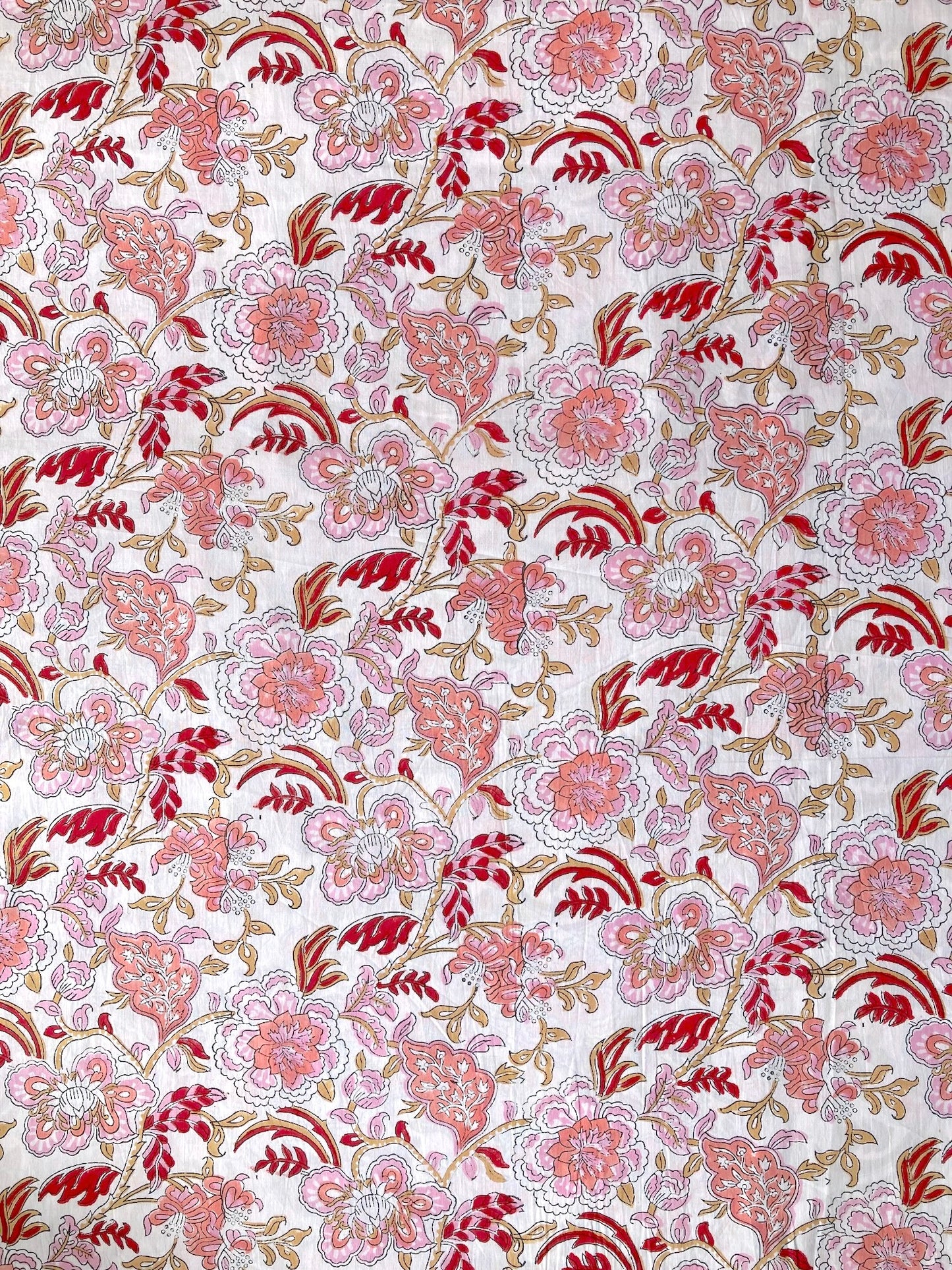 Hand Block Print Floral White Cotton Fabric #235-8