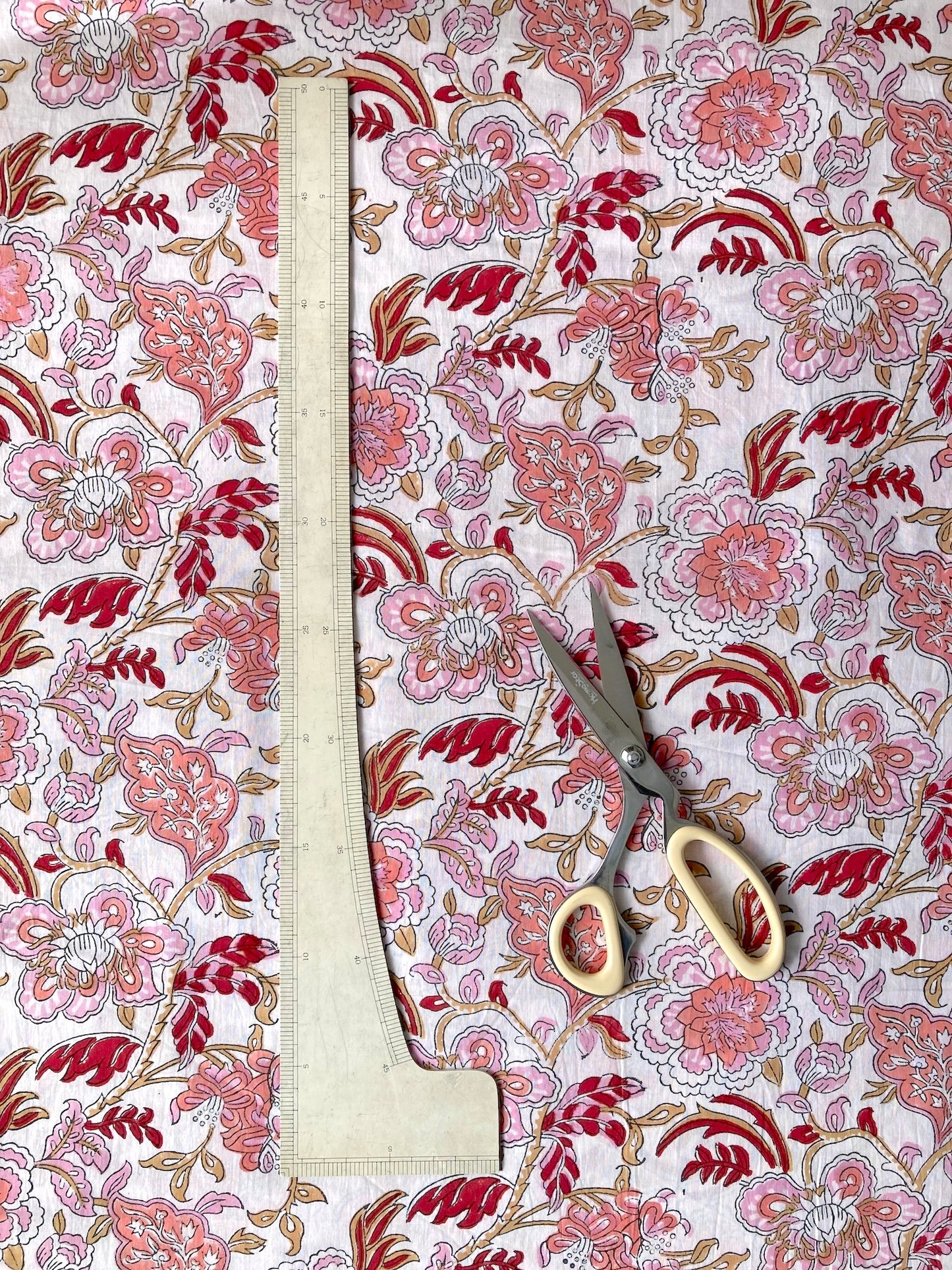 Hand Block Print Floral White Cotton Fabric #235-8