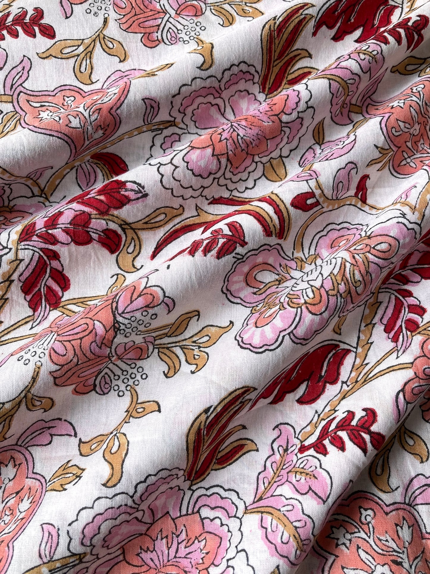 Hand Block Print Floral White Cotton Fabric #235-8
