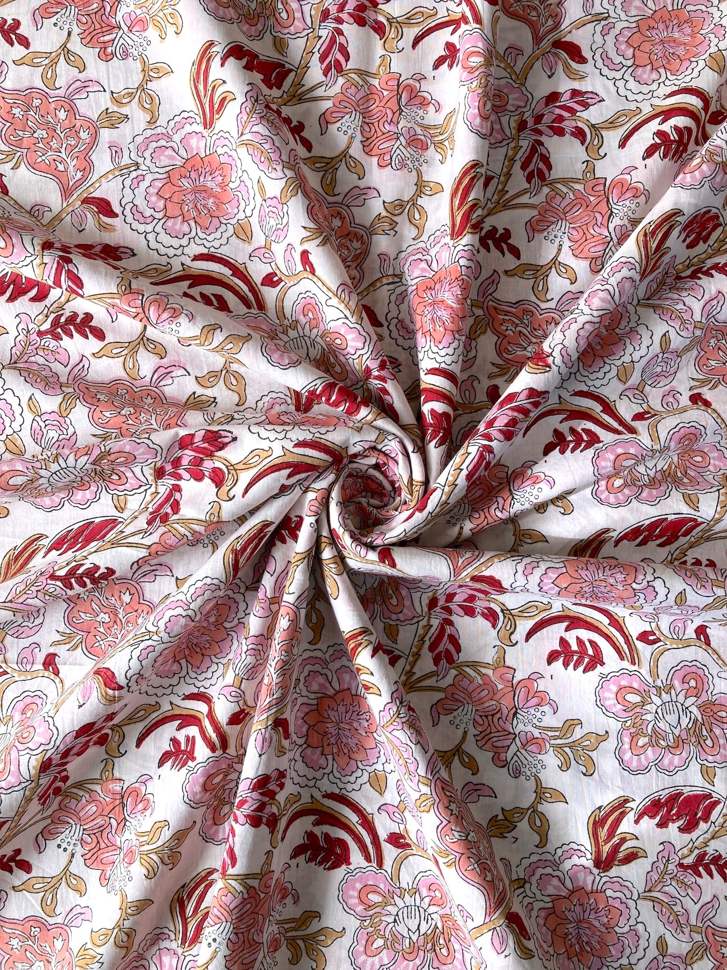 Hand Block Print Floral White Cotton Fabric #235-8