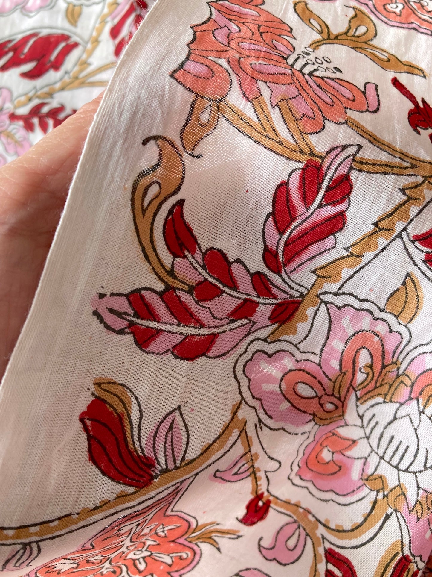 Hand Block Print Floral White Cotton Fabric #235-8