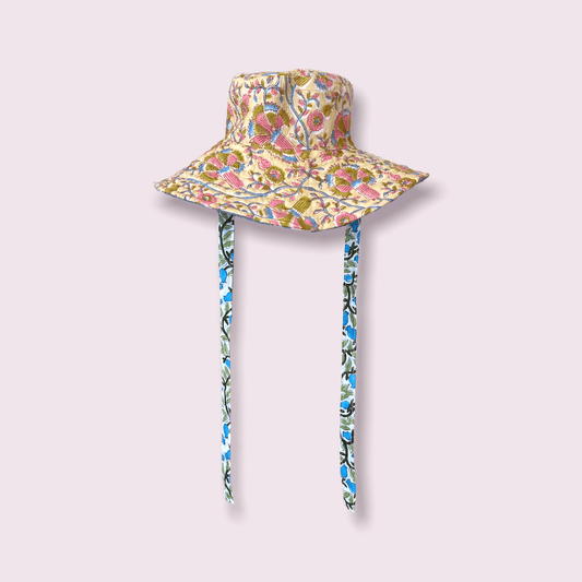 【 custom order 】Block Printed Fabric Ribbon Reversible Sun Hat