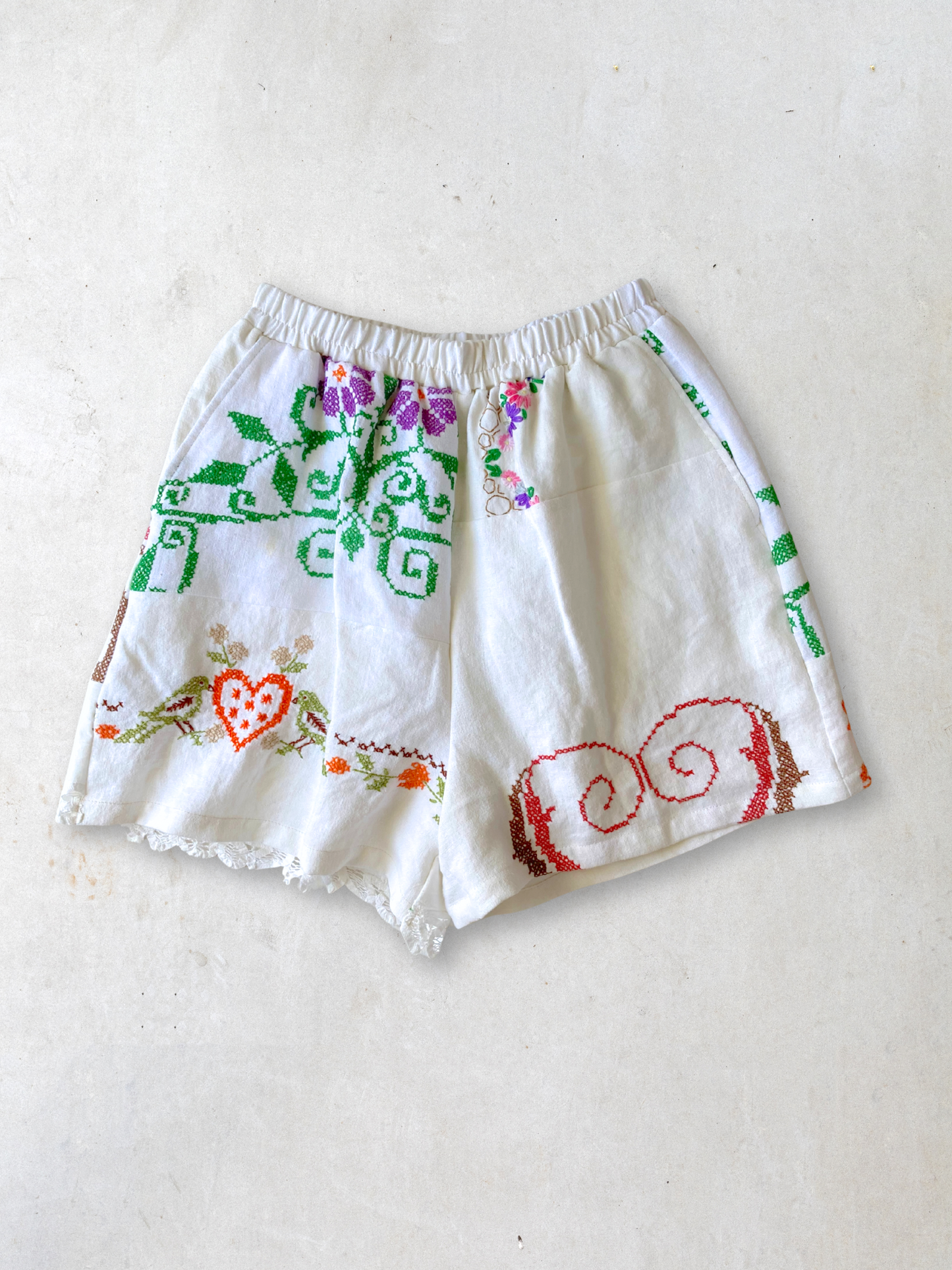 ヴィンテージ 刺繍 リネン 生地 パッチワーク ショートパンツ