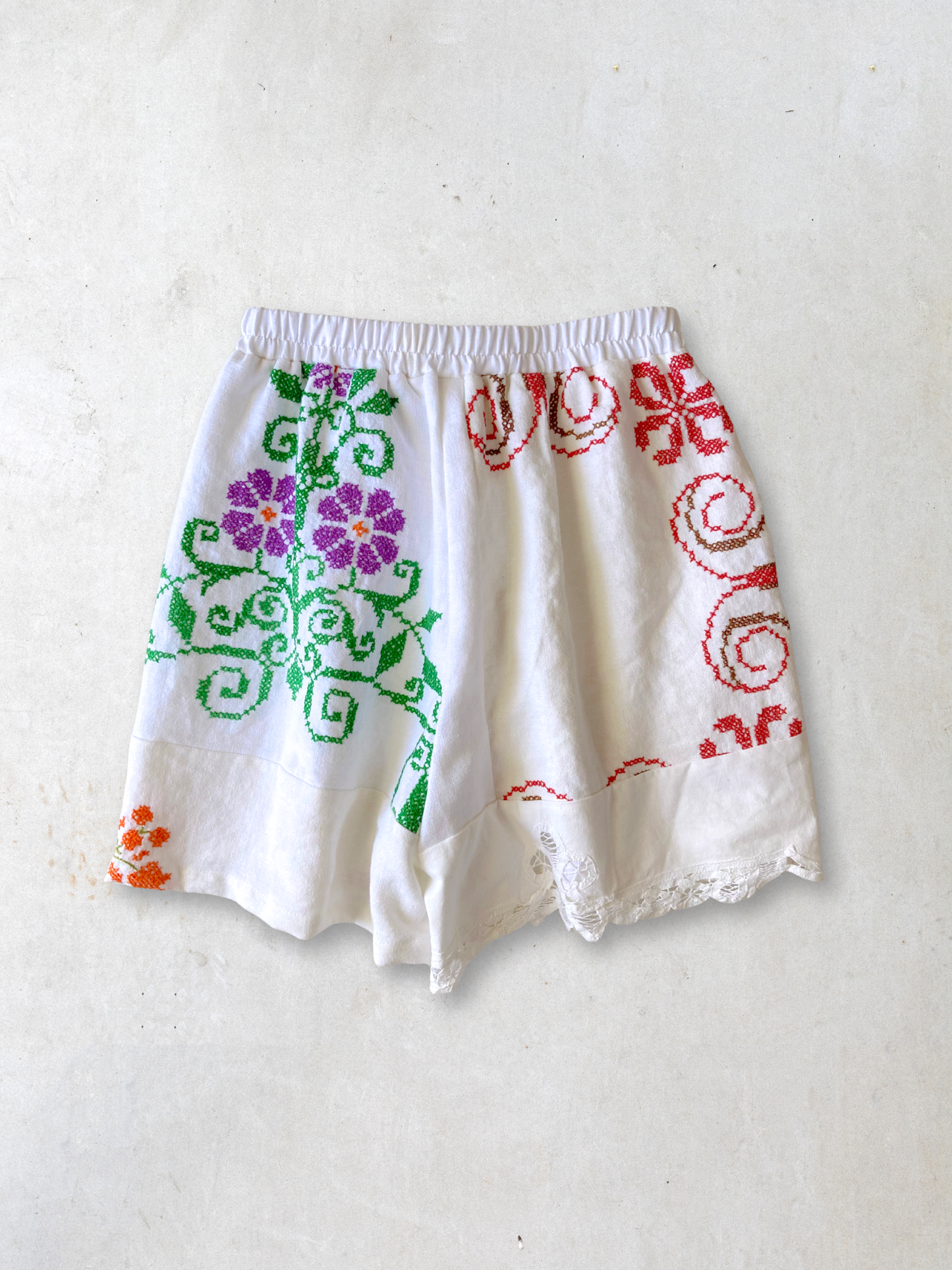 ヴィンテージ 刺繍 リネン 生地 パッチワーク ショートパンツ