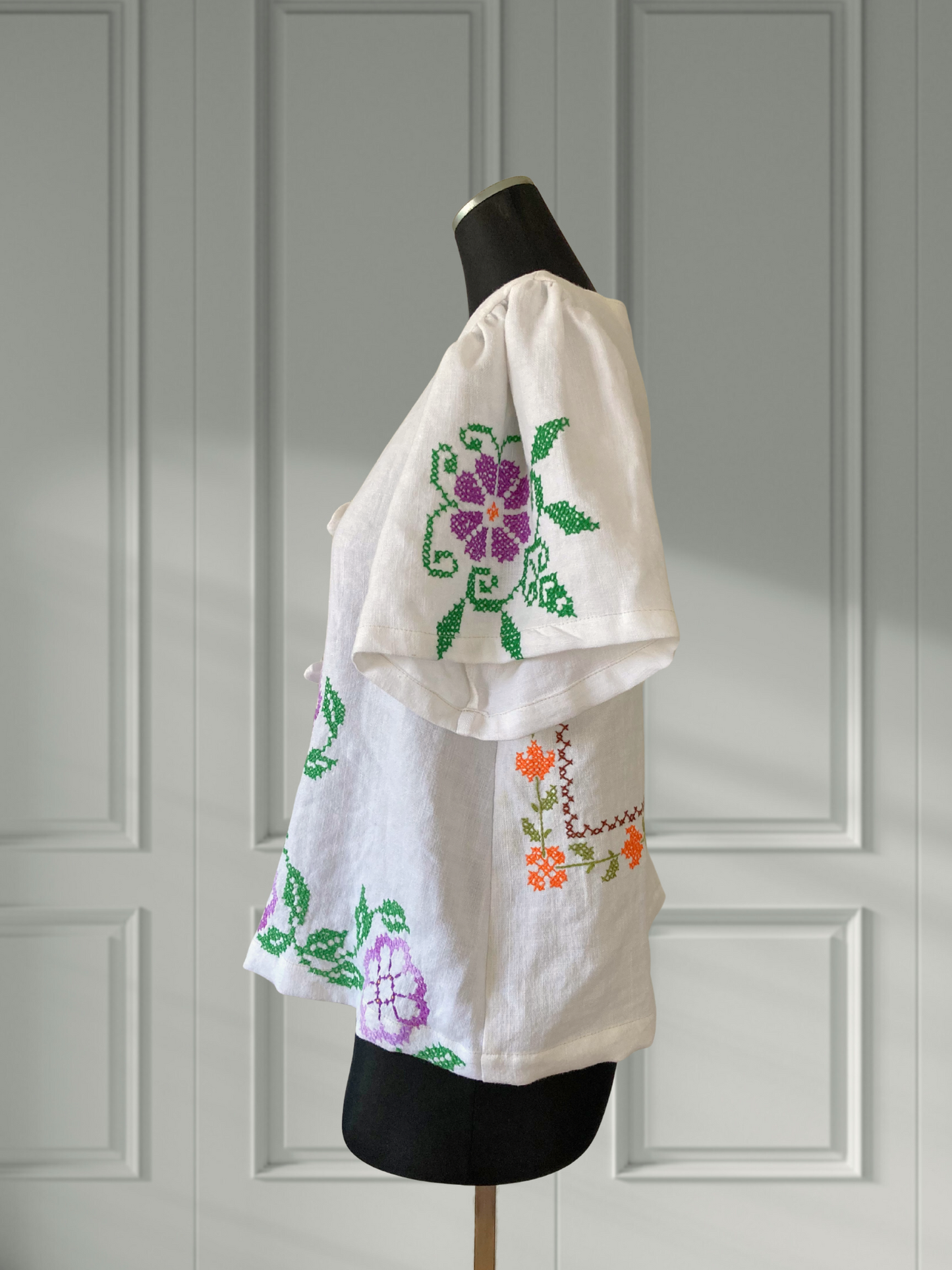 ヴィンテージ リネン 刺繍 リボン 羽織り 半袖シャツ