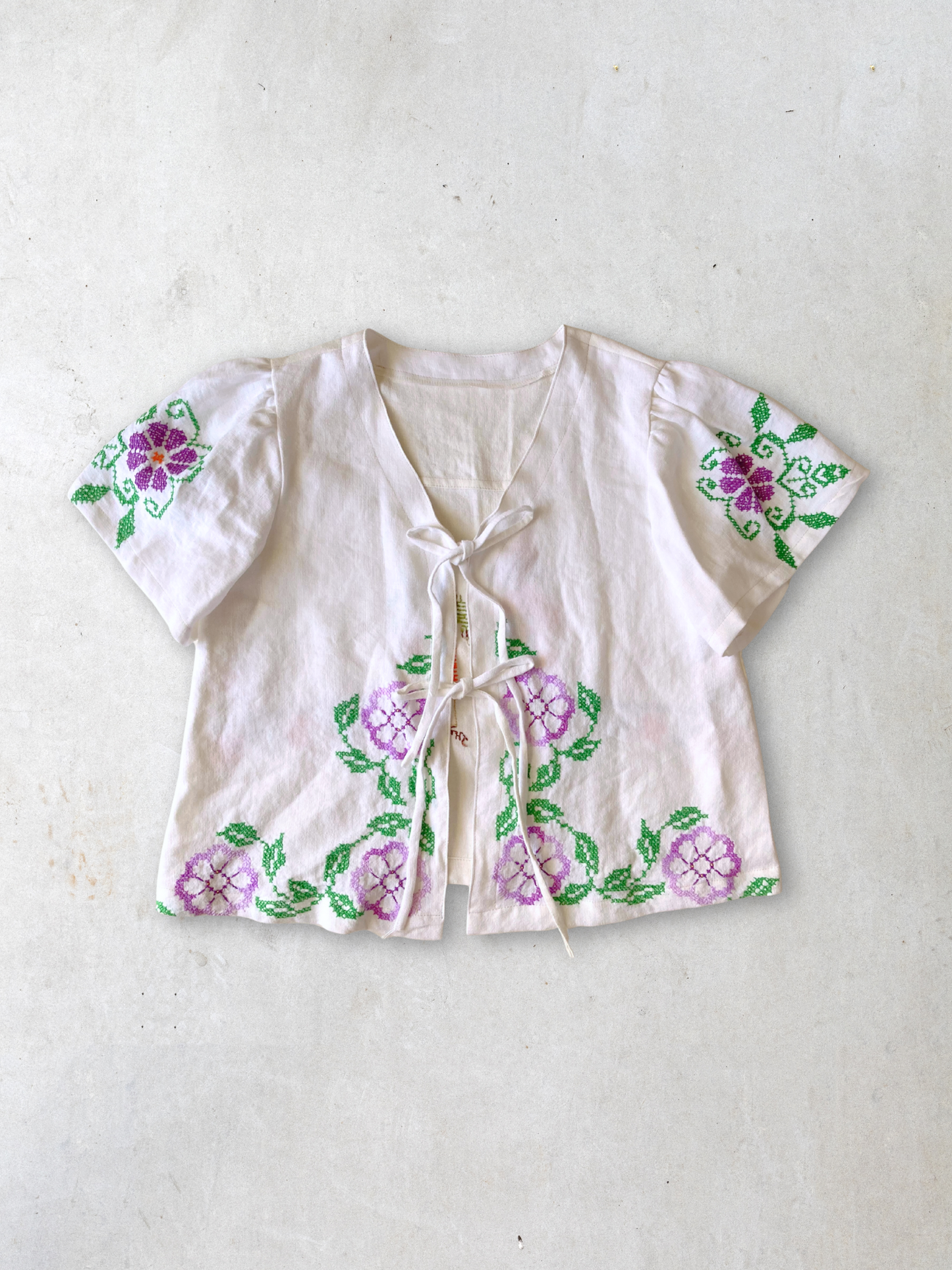 ヴィンテージ リネン 刺繍 リボン 羽織り 半袖シャツ